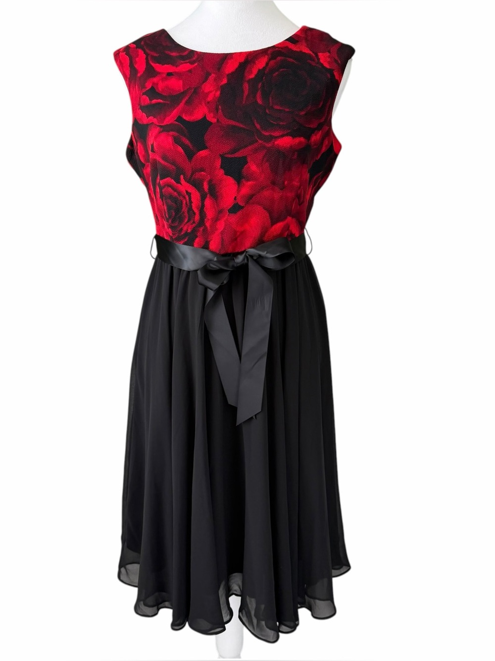 Perceptions New York Dress 4 Red Black Rose Floral Chiffon Fit Flare Cocktail